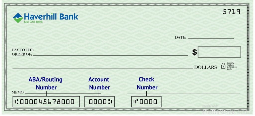 Sample check showing Routing Number, Account Number and Check Number.